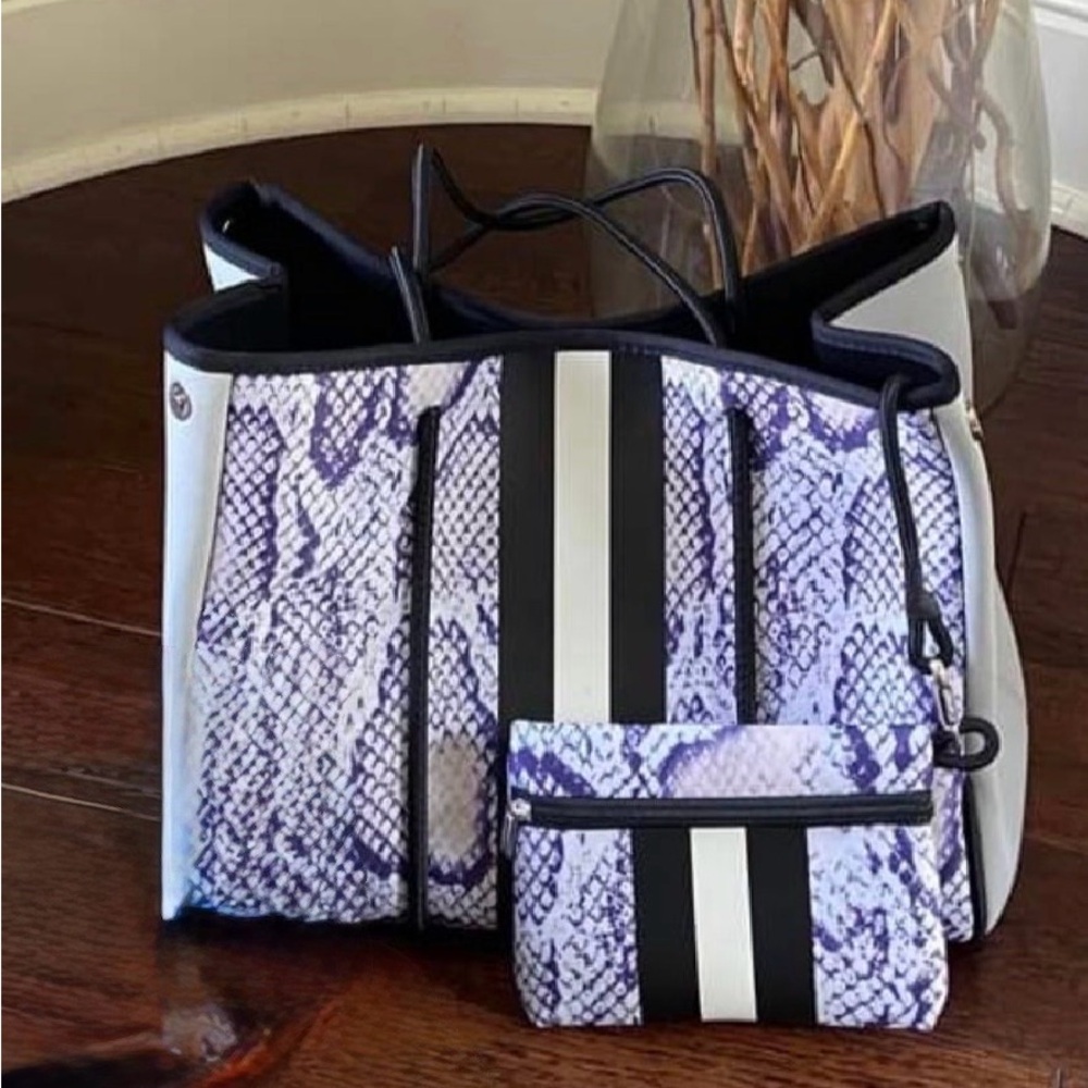 NEW Neoprene Snakeskin Pattern Tote and Pouch Set - Purple and Black